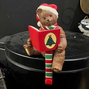 Festive Bear Figurine with Red Book stocking hanger